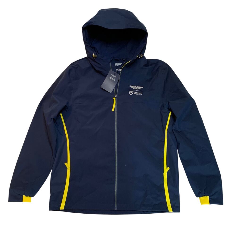 NWT Aston Martin Rain Jacket The Heart of Racing Navy Yellow Unisex Adult Mens M